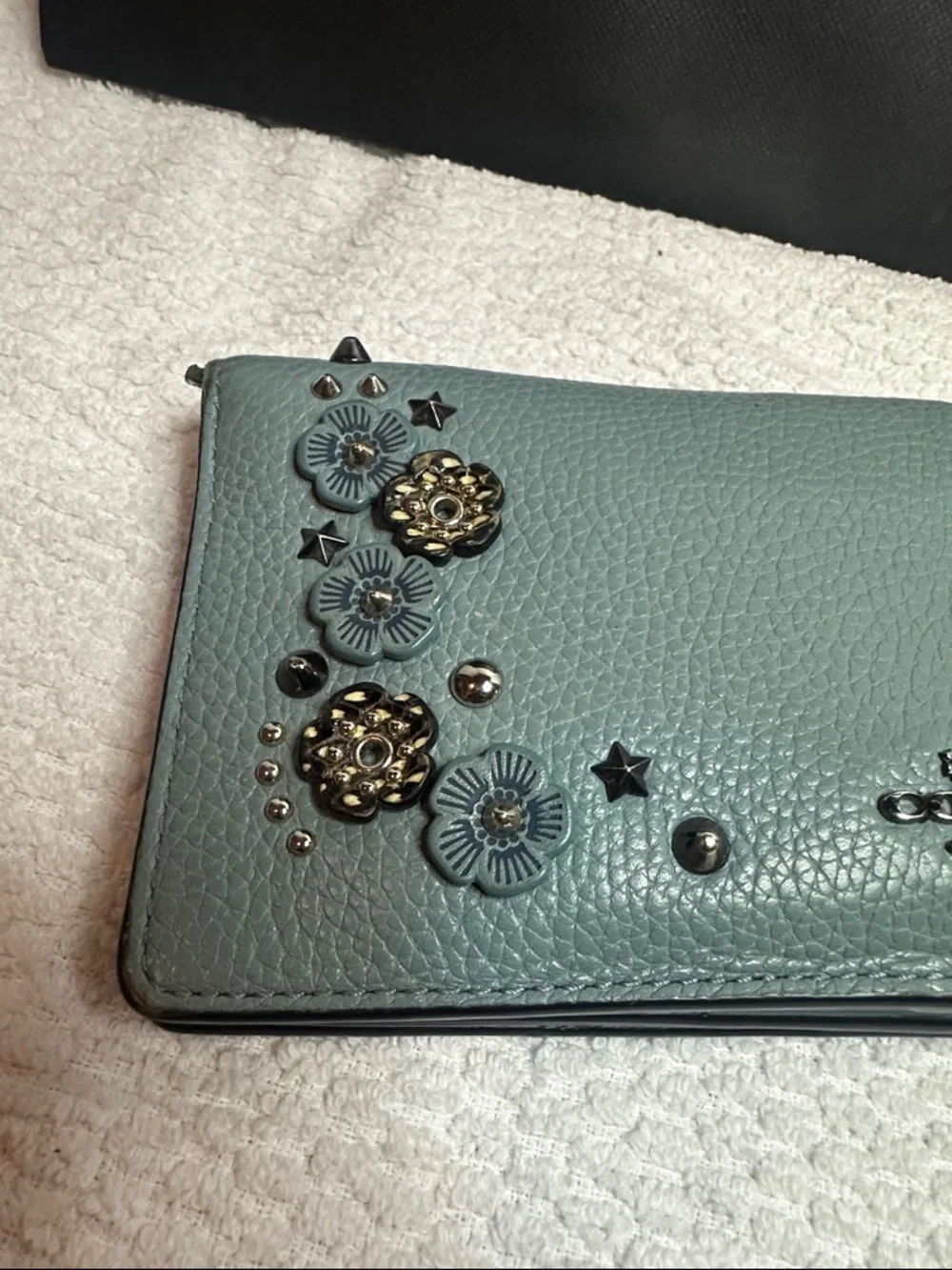 Coach Tea Rose Floral Studded Leather Wallet - Aqua Blue - Picture 4 of 16